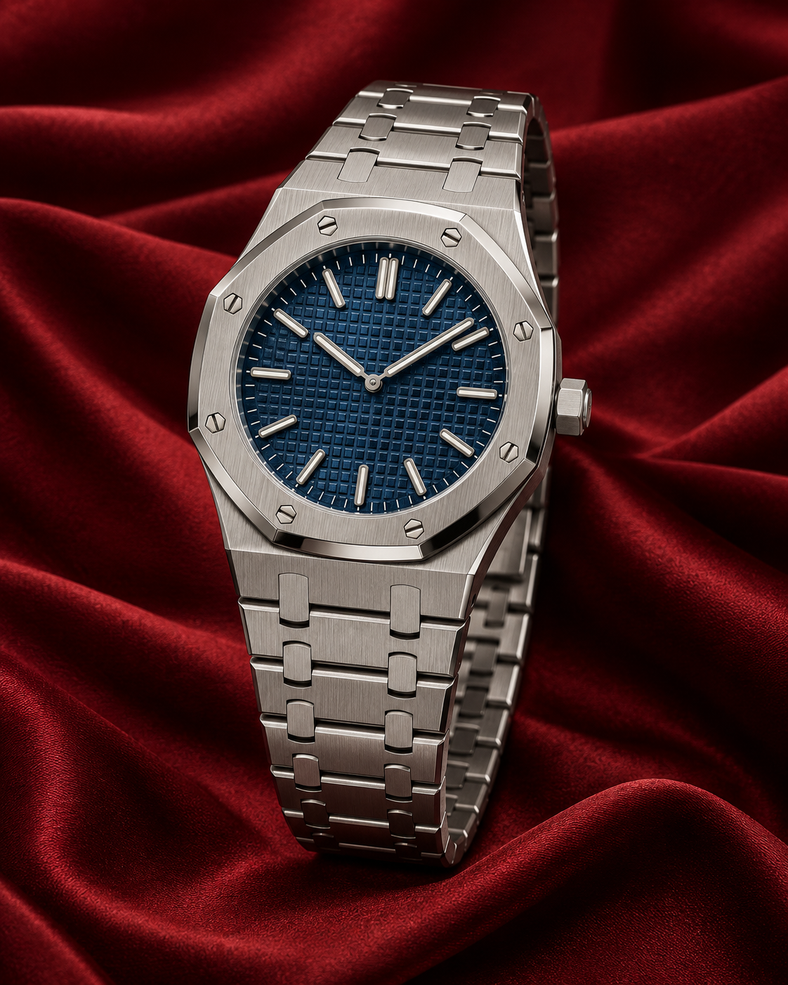 Audemars Piguet Royal Oak على خلفية ساتان أحمر