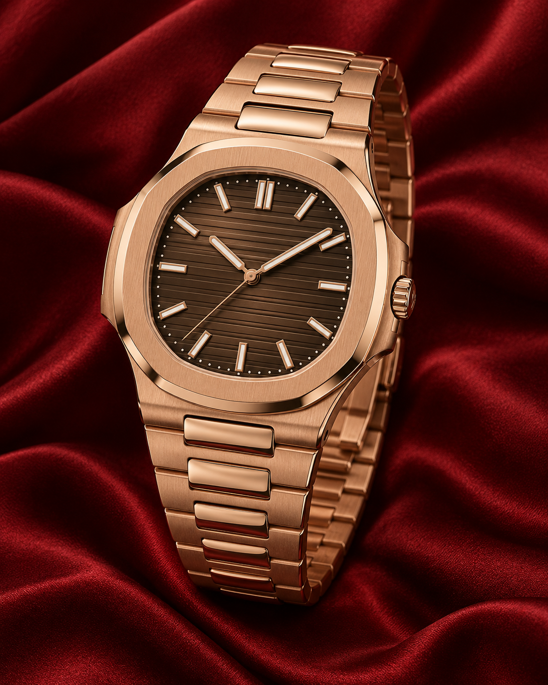 Patek Philippe Nautilus على خلفية ساتان أحمر