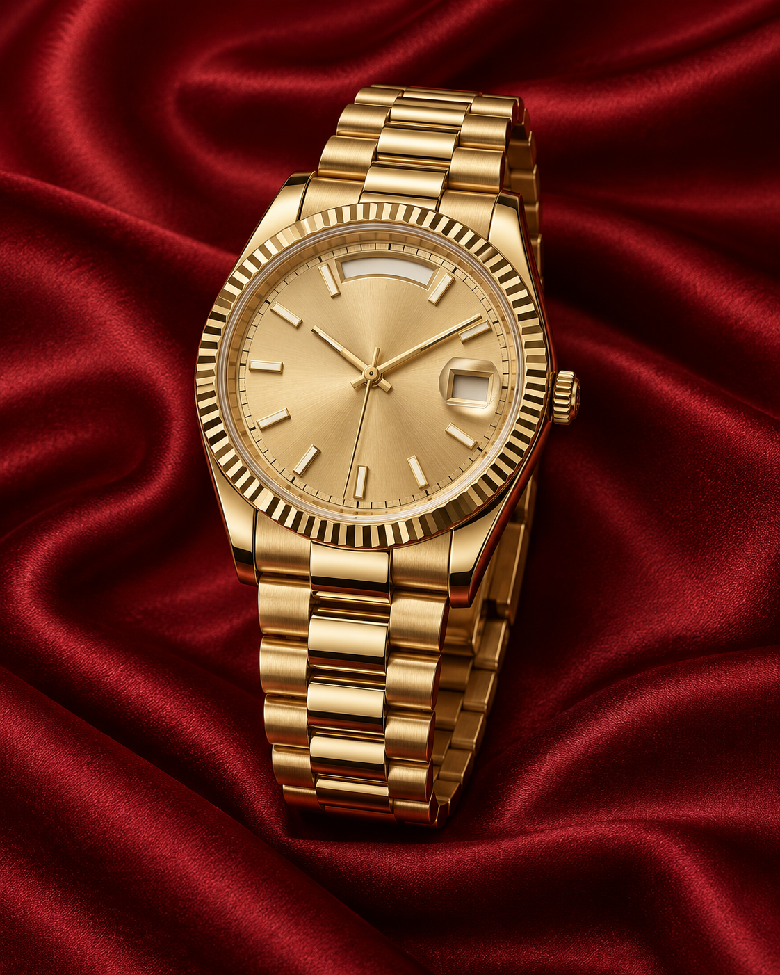 Rolex Day-Date على خلفية ساتان أحمر